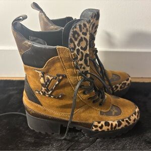 Louis Vuitton Mustard Suede and Leopard-Print Lace-Up Boots